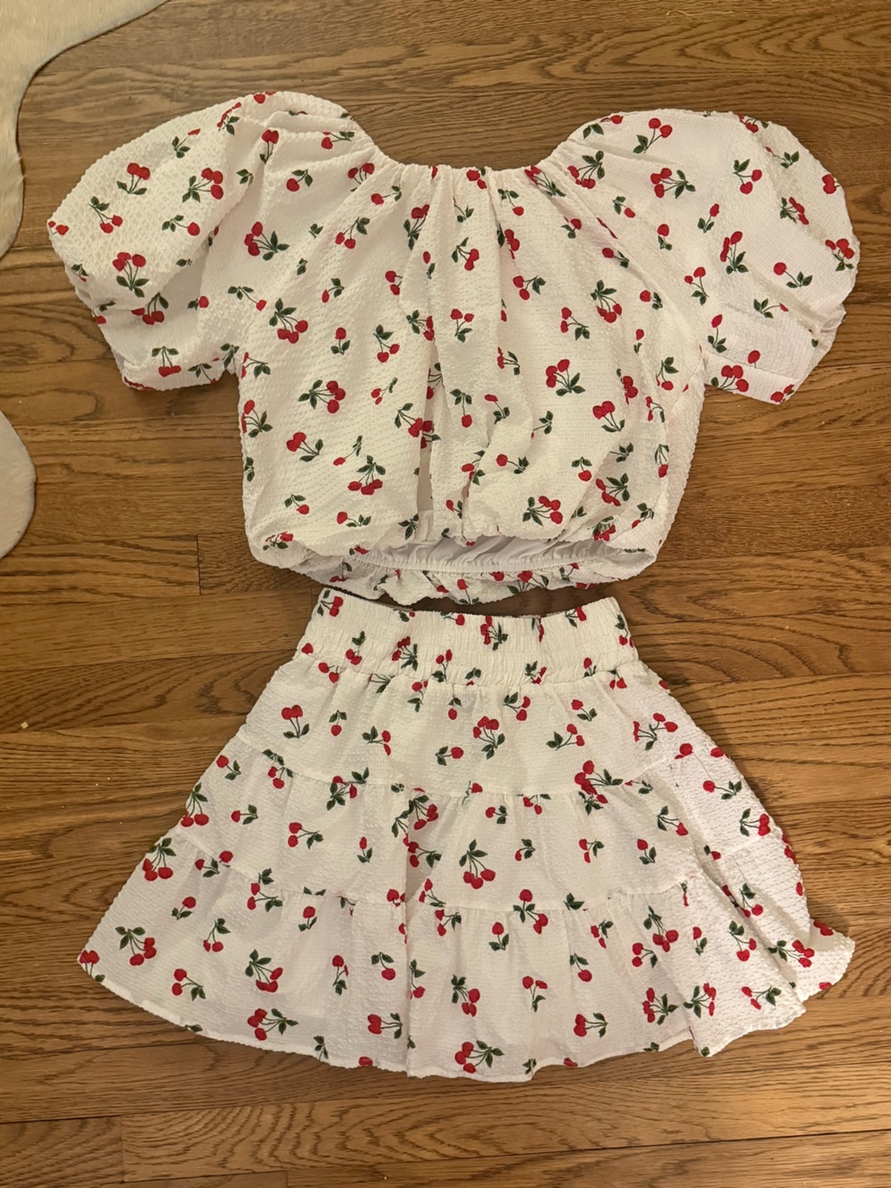 English Factory White cropped with Red Cherry Print and puffed sleeves